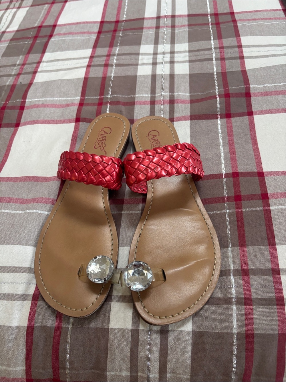 Carlos by Carlos Santana Red Braided Strap Sandals with Clear Gem Toe Accents